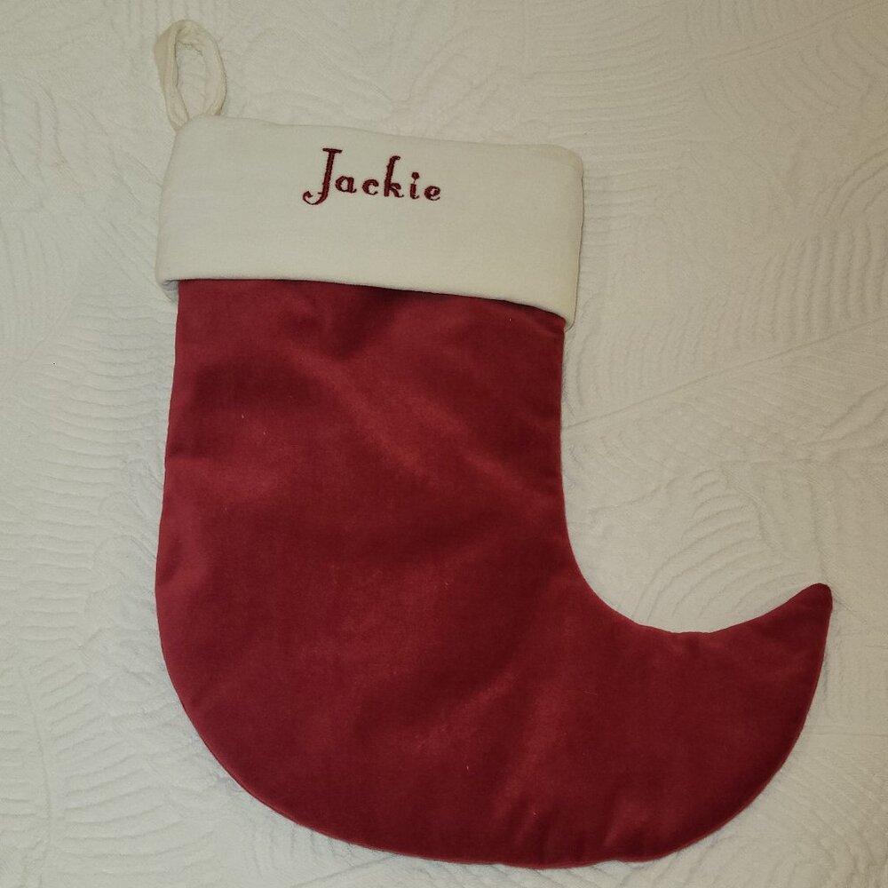 POTTERY BARN Personalized Velvet Red & White Christmas Stocking "Jackie" 12 x 7"